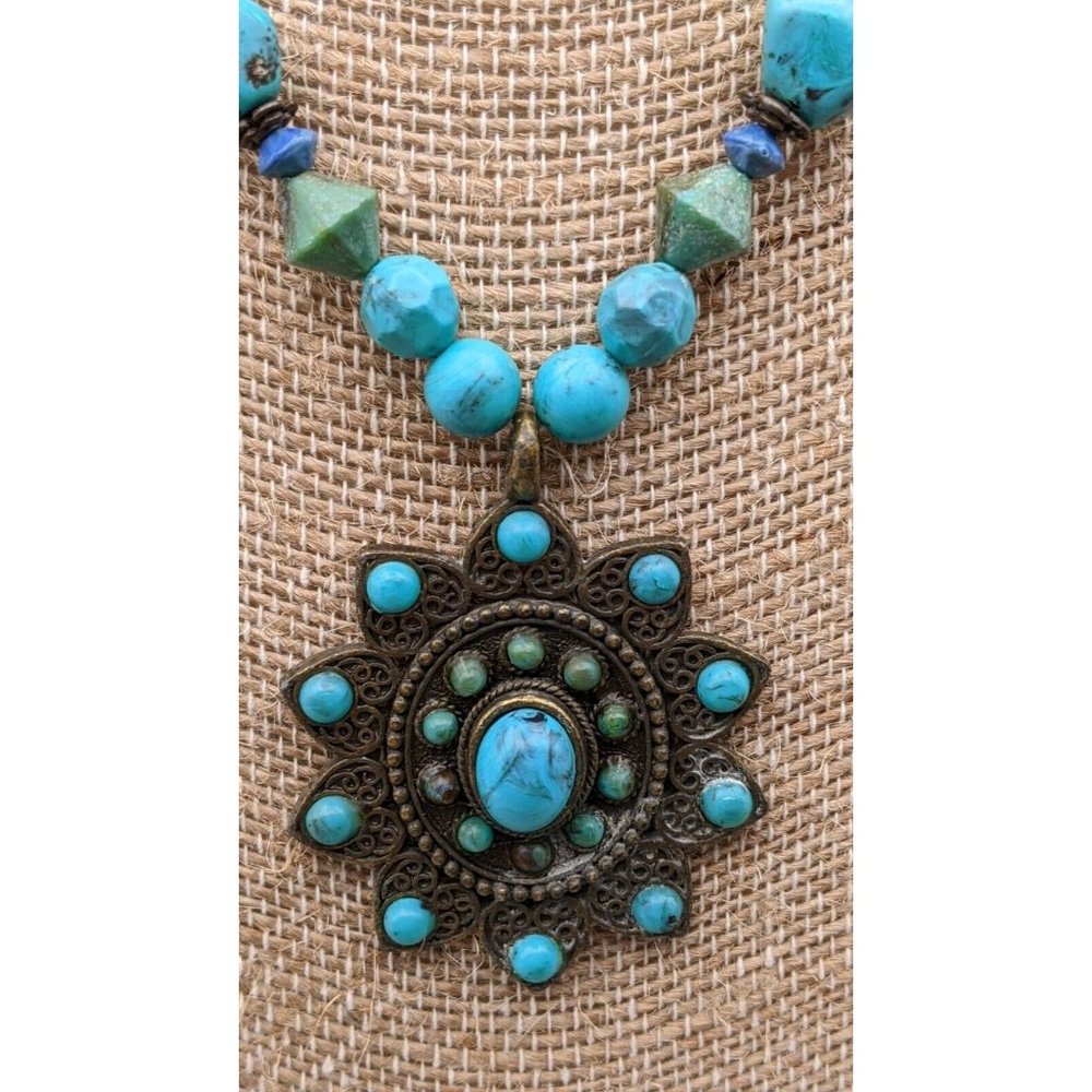 Boho Faux Turquoise Blue Beaded Medallion Pendant Necklace 18"